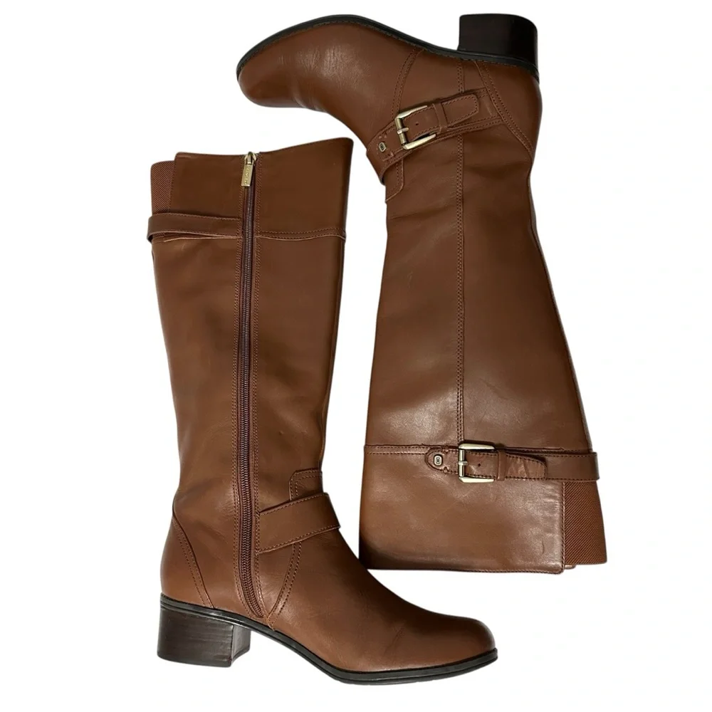 Bandolino Brown Leather Block Heel Knee-High Boots Buckle Equestrian Classic 6.5
